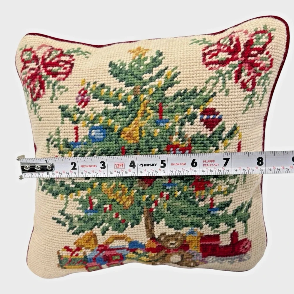 Wool Needlepoint Christmas Tree Pillow Train Toys Red Velvet 10